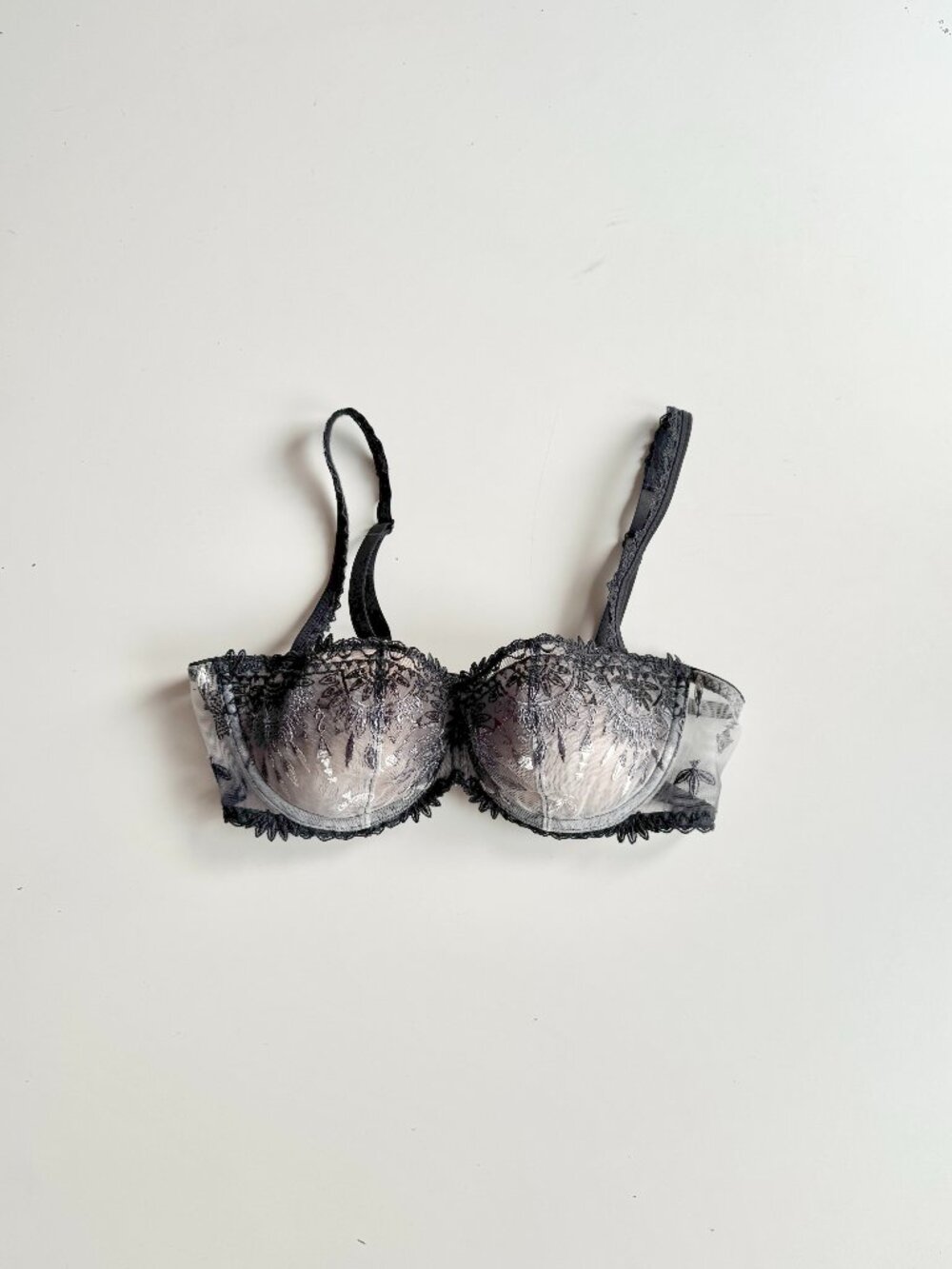 CHANTELLE Grey Black Embroidered Tulle Lace Balconette Bra, Size 36C
